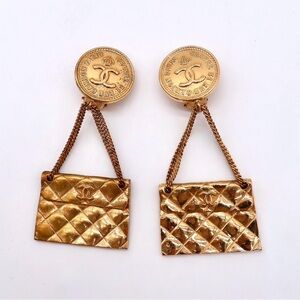 Coco Chanel Vintage Gold Metal CC Coin and Quilted Flap Bag Drop Earrings 1993
